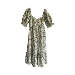 Abercrombie & Fitch Poplin Puff Sleeve Midi Dress Green/blue Size Small